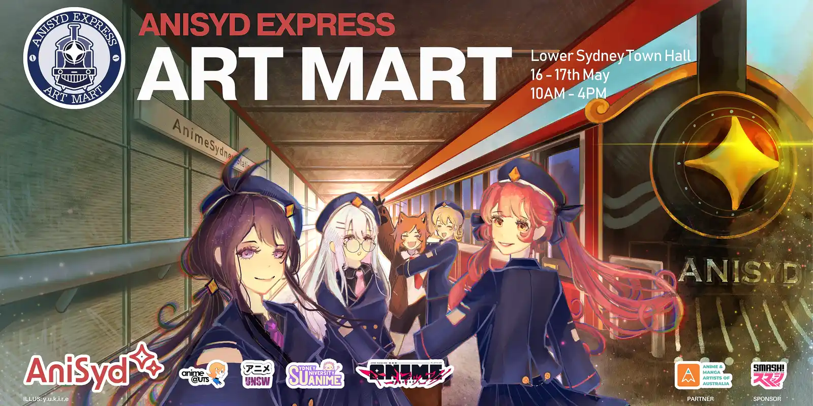 Official AniSyd Express Art Mart 2026 train-themed poster: 16–17 May, 10 am–4 pm, Lower Sydney Town Hall