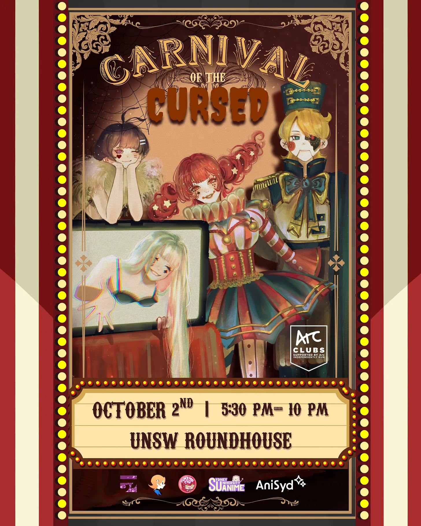 Official AniSyd Carnival of the Cursed 2025 poster: 2 October, 5:30–10 pm, UNSW Roundhouse