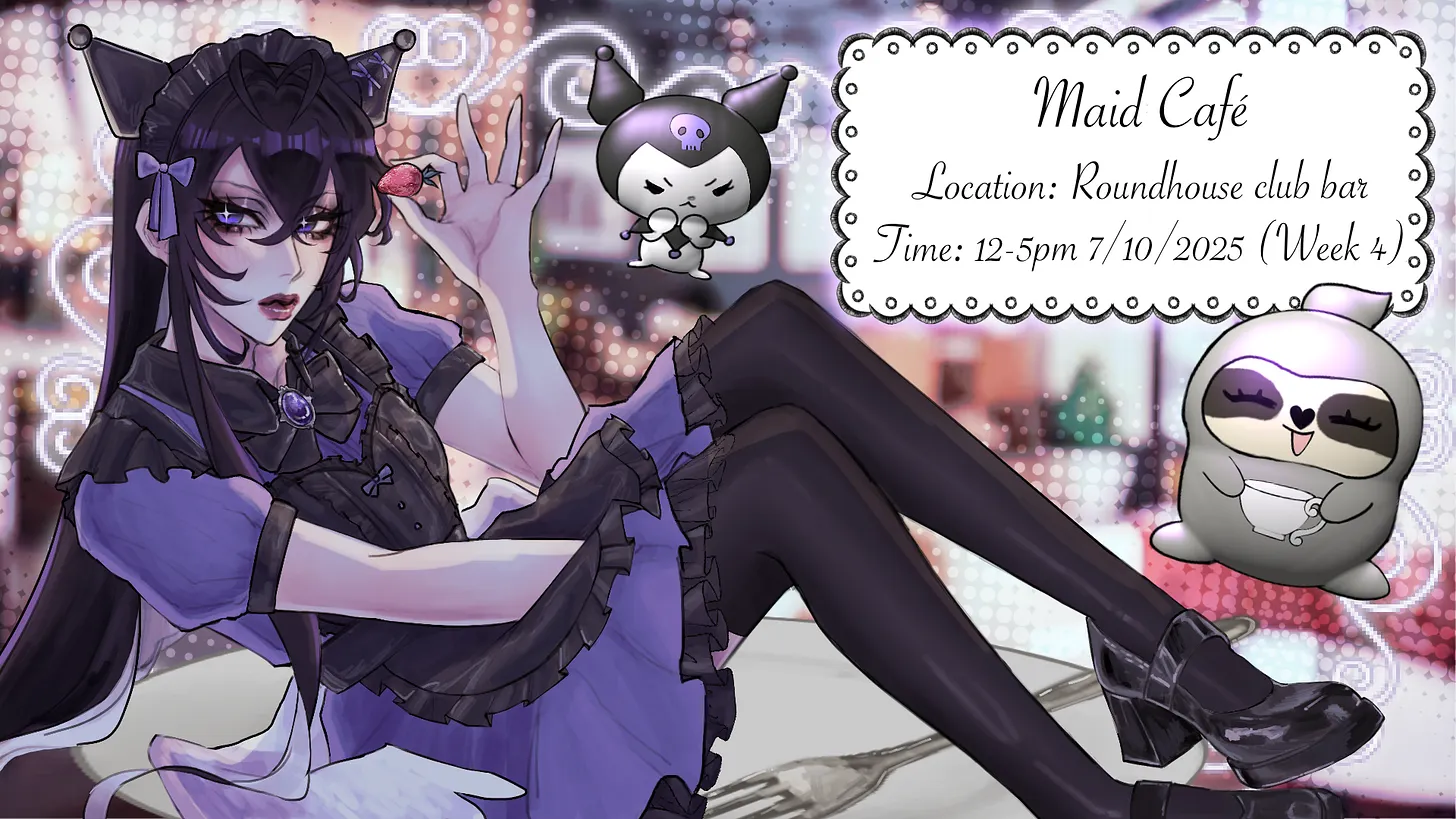 Official AUNSW × TACSOC × SANRIOSOC Maid Cafe poster: 7 October 2025, noon–5 pm, Roundhouse club bar