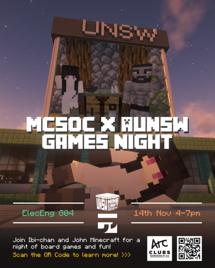 Official Minecraft Society × AUNSW Games Night poster: 14 November 2025, 4–7 pm, ElecEng G04