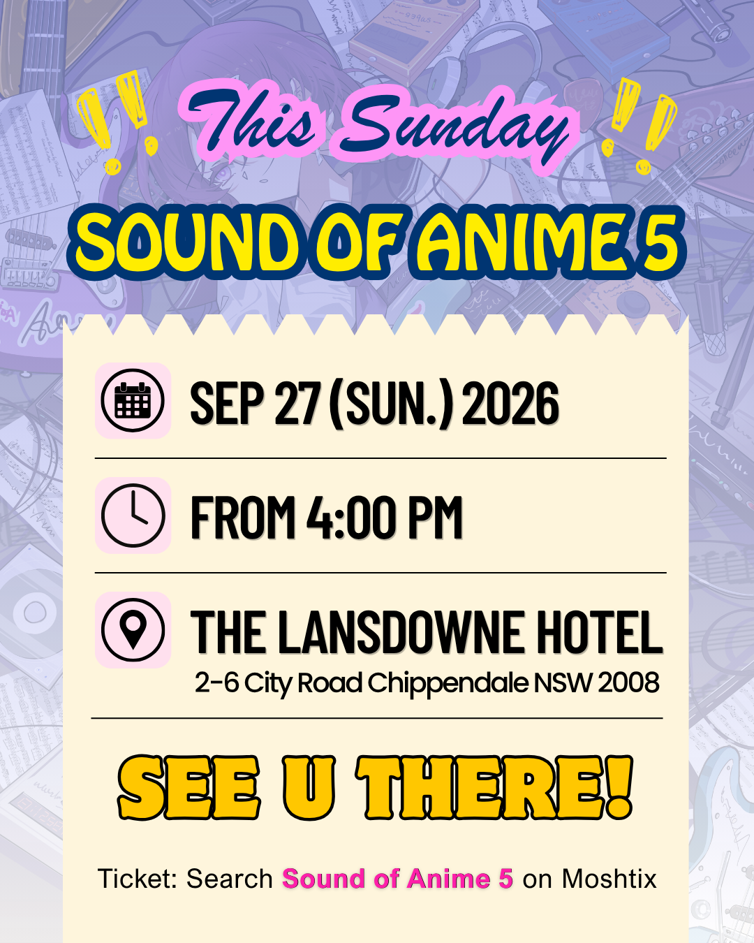 Sound of Anime 5 event information: 27 September 2026, 4 pm, The Lansdowne Hotel, 2–6 City Road, Chippendale.
