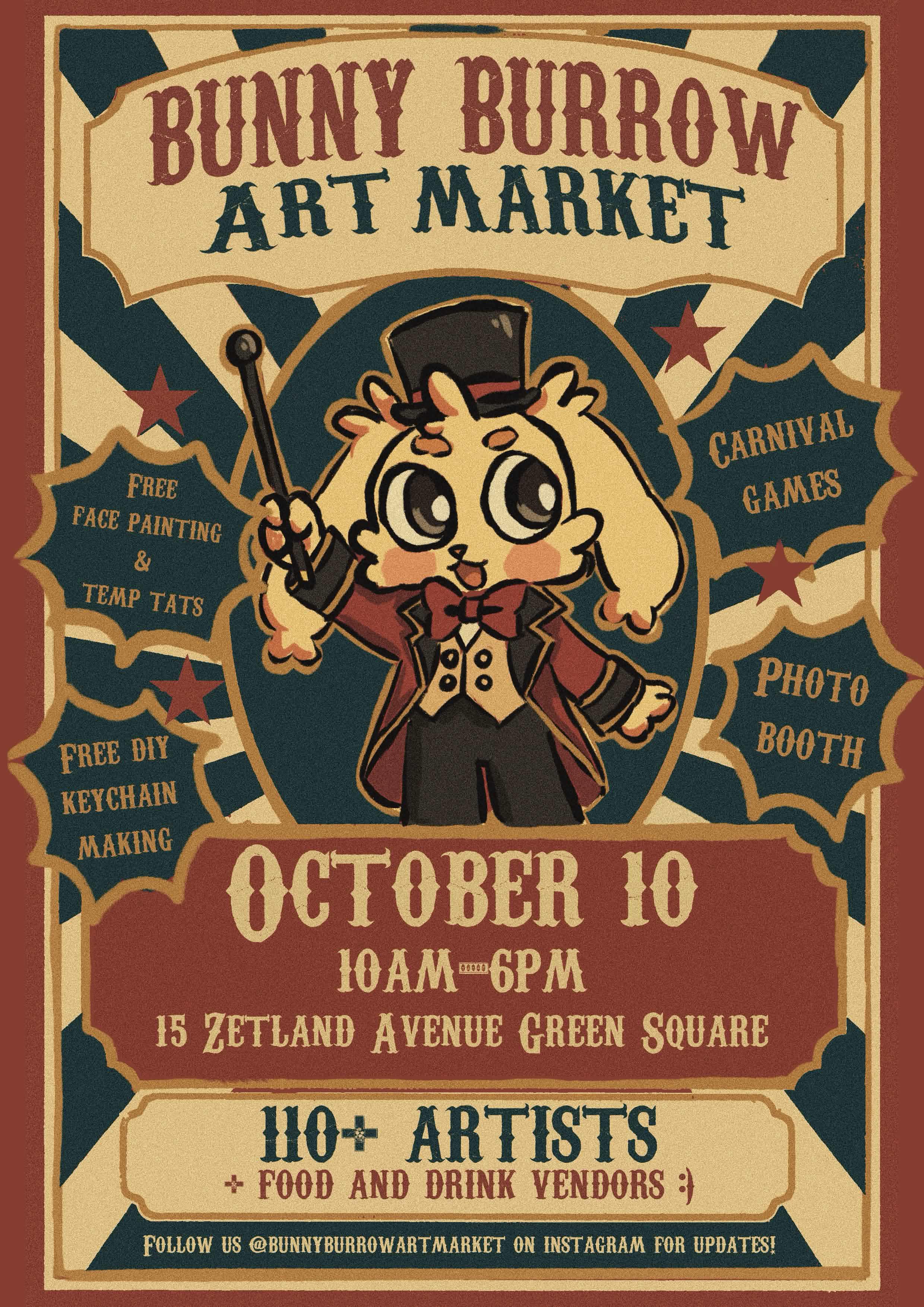 Official Bunny Burrow circus-themed market poster, 10 October, 10am–6pm, 15 Zetland Avenue