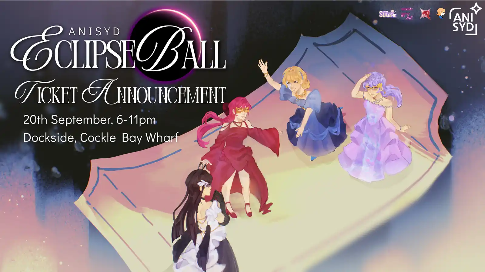 Anime Sydney Eclipse Ball poster showing 20 September, 6–11 pm, at Dockside, Cockle Bay Wharf