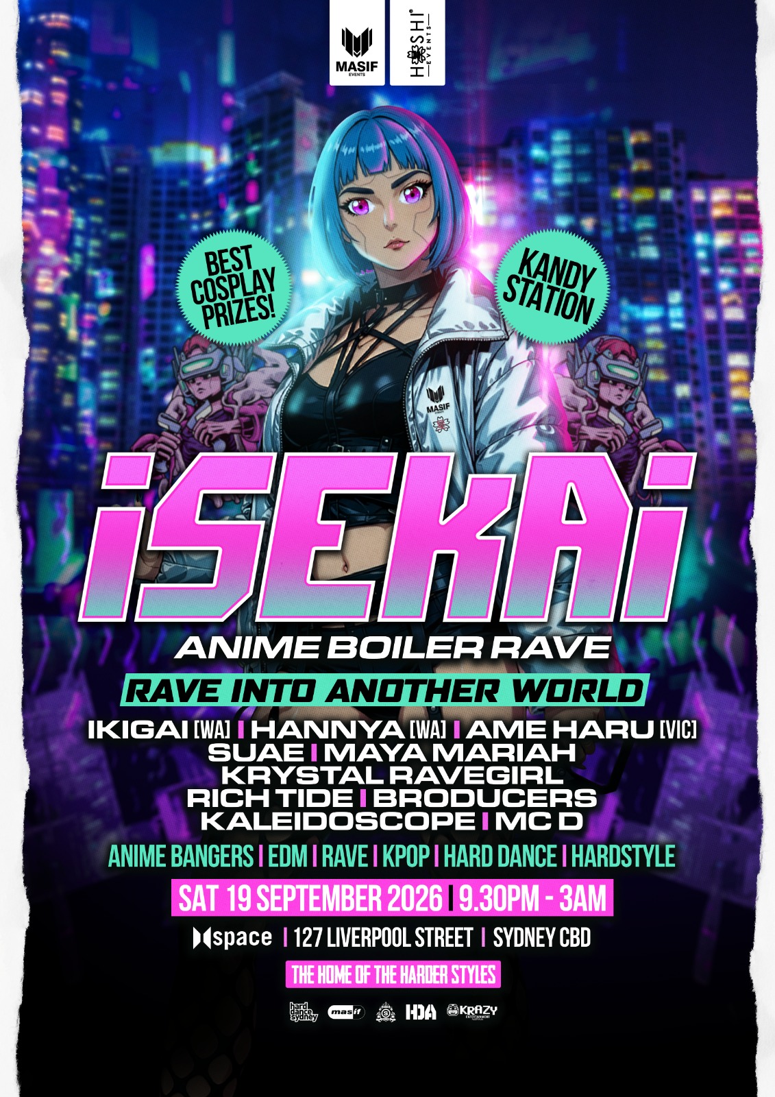 Official Masif and Hoshi iSEkAi Anime Boiler Rave poster for 19 September 2026 at Space Nightclub