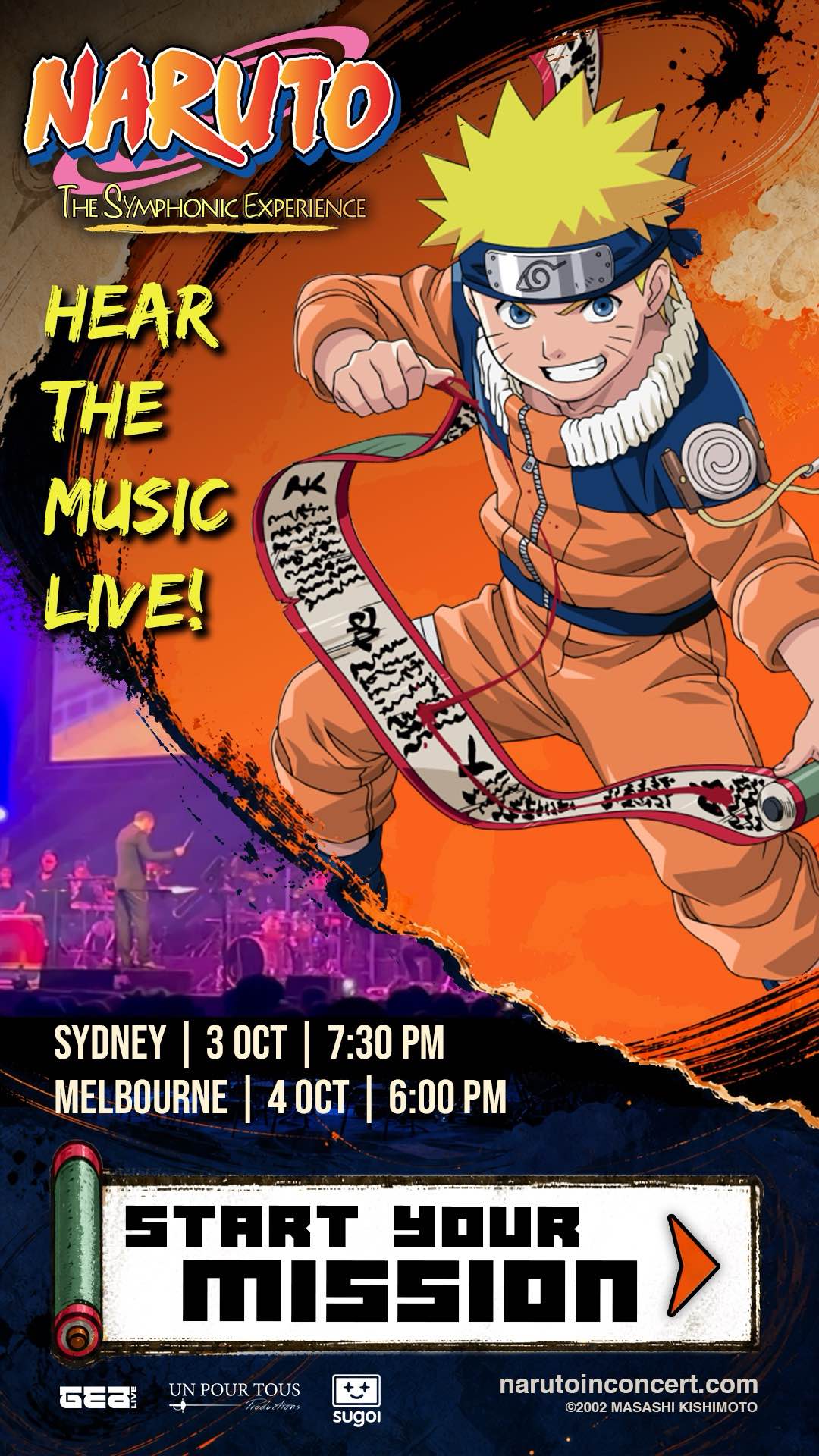 Naruto concert Australia tour poster: Sydney 3 October at 7:30 pm, Melbourne 4 October at 6:00 pm