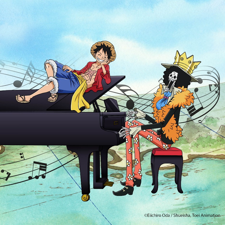 Official One Piece Piano Symphony artwork showing Luffy on a grand piano and Brook at the keys