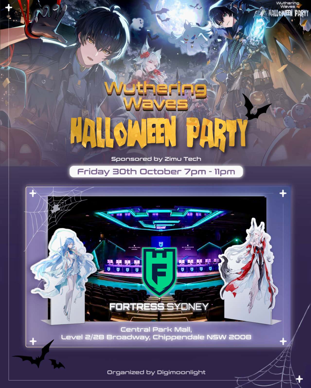 Wuthering Waves Halloween party poster showing 30 October, Fortress Sydney and the organiser and sponsor